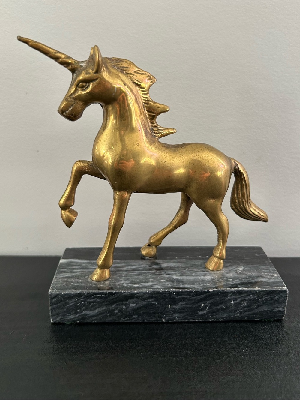 Vtg Solid Brass Unicorn Sculpture on Marble Base - Gold Decorative Accent 6”
